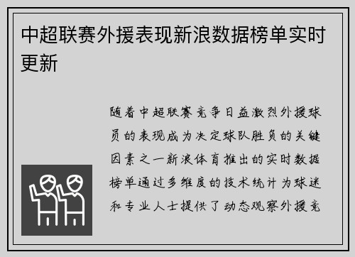 中超联赛外援表现新浪数据榜单实时更新
